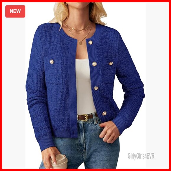 Sweaters - Long Sleeve Tweed Knit Cardigan with Pockets and Buttons